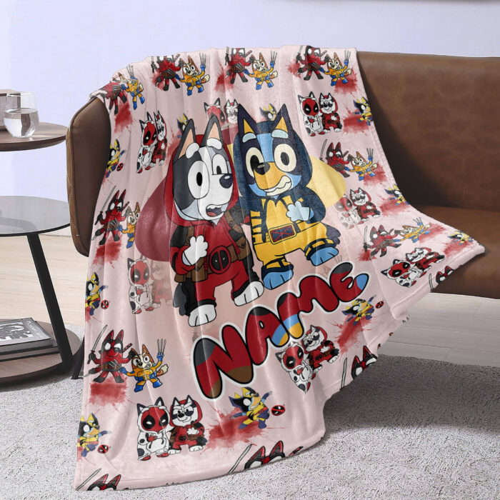 Personalized Bluey Blanket, Red Bluey Deadpool & Wolverine Blanket, Bluey Birthday Blanket, Bluey Family Blanket for Kid - Image 4