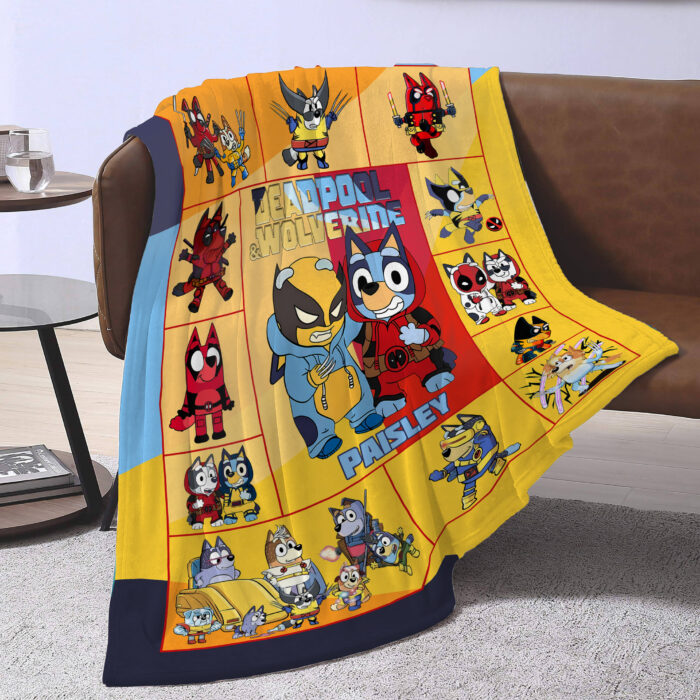 Personalized Bluey Blanket, Red Bluey Deadpool & Wolverine Blanket, Bluey Birthday Blanket, Bluey Family Blanket for Kid - Image 4