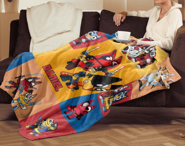 Personalized Bluey Blanket, Red Bluey Deadpool & Wolverine Blanket, Bluey Birthday Blanket, Bluey Family Blanket for Kid - Image 3