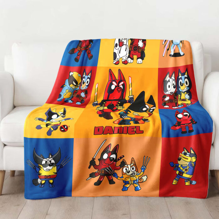 Personalized Bluey Blanket, Red Bluey Deadpool & Wolverine Blanket, Bluey Birthday Blanket, Bluey Family Blanket for Kid - Image 4