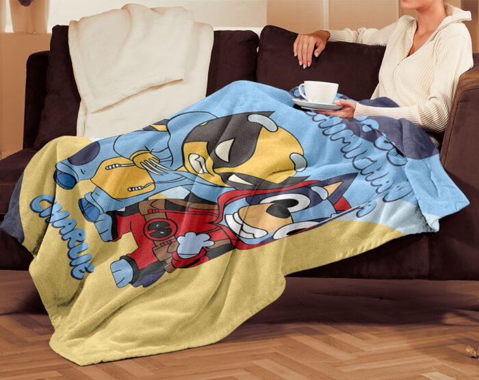 Personalized Bluey Blanket, Red Bluey Deadpool & Wolverine Blanket, Bluey Birthday Blanket, Bluey Family Blanket for Kid - Image 2
