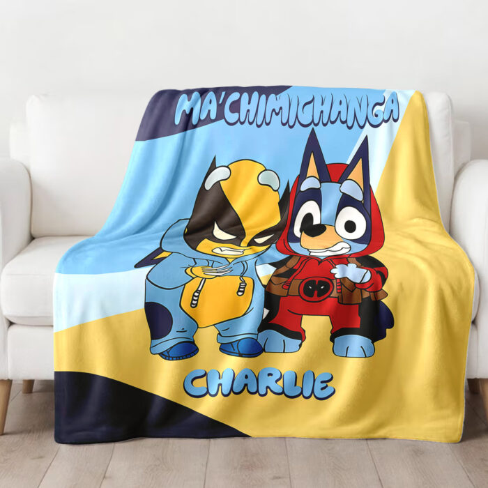 Personalized Bluey Blanket, Red Bluey Deadpool & Wolverine Blanket, Bluey Birthday Blanket, Bluey Family Blanket for Kid - Image 4
