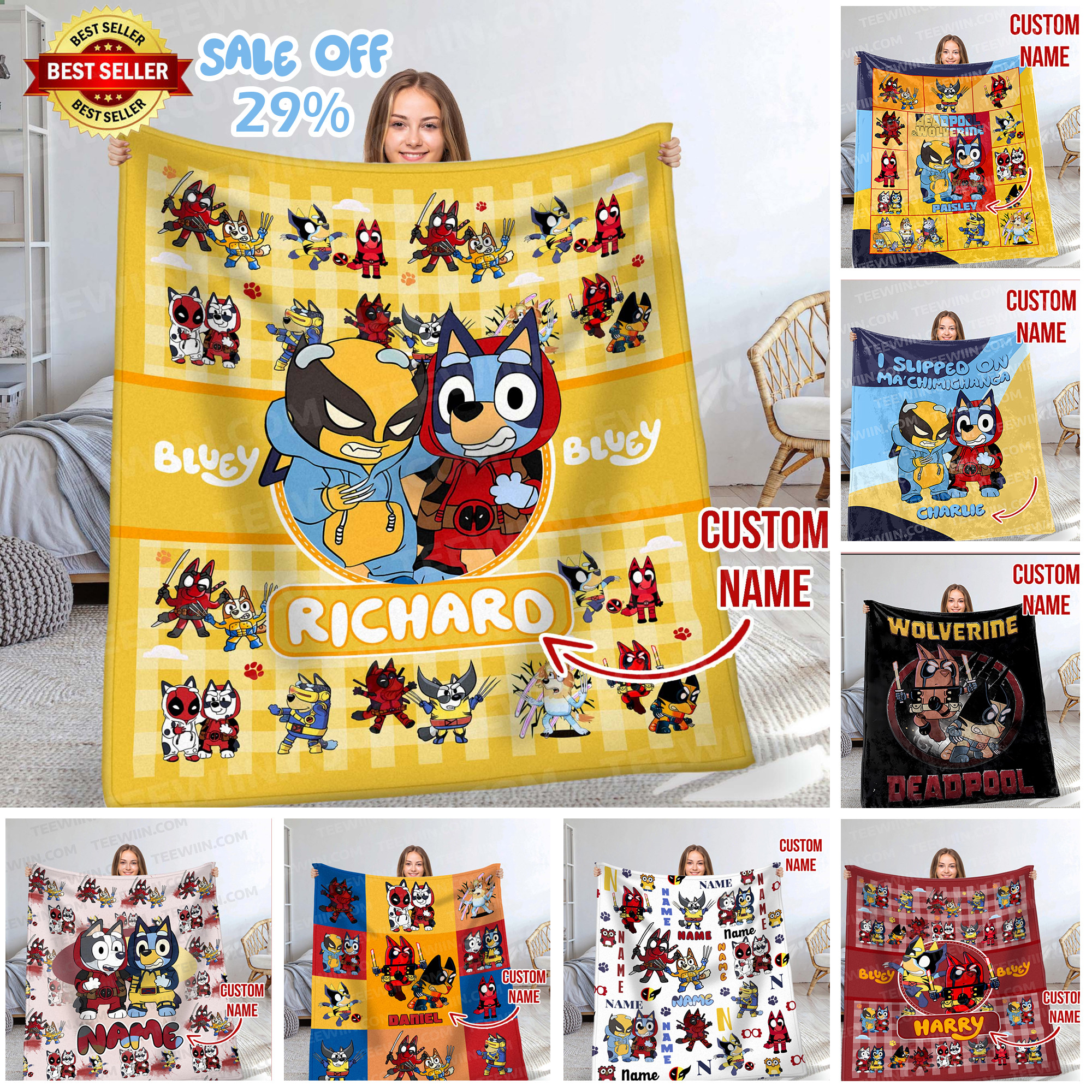 1723104547267.jpg Personalized Bluey Blanket, Red Bluey Deadpool & Wolverine Blanket, Bluey Birthday Blanket, Bluey Family Blanket for Kid - Image 1