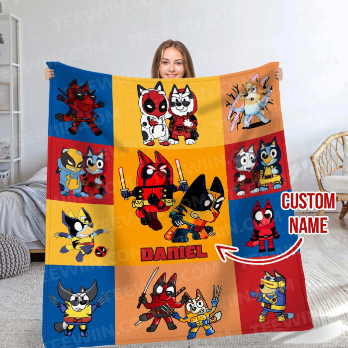 Personalized Bluey Blanket, Red Bluey Deadpool & Wolverine Blanket, Bluey Birthday Blanket, Bluey Family Blanket for Kid - Image 7