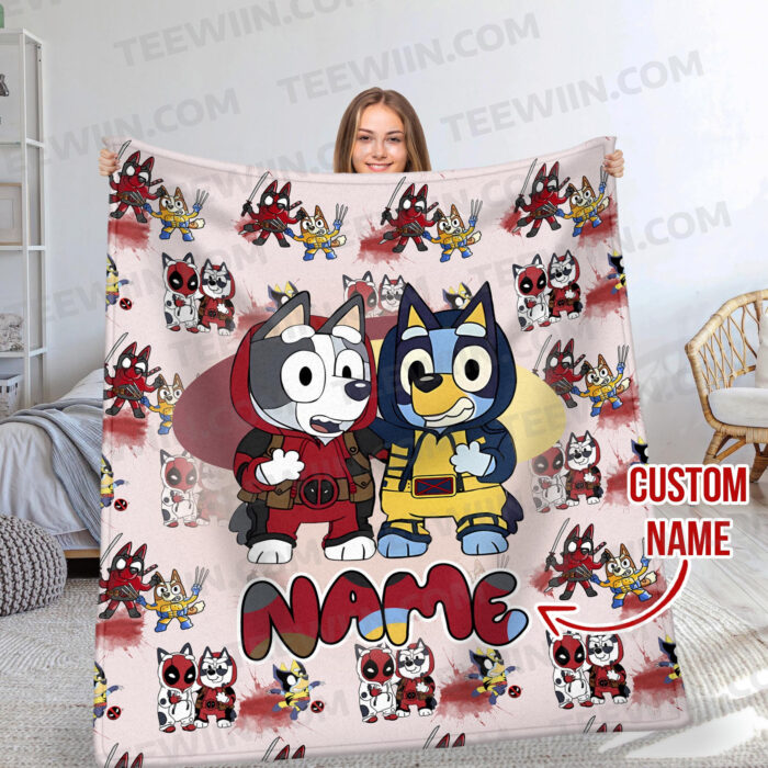 Personalized Bluey Blanket, Red Bluey Deadpool & Wolverine Blanket, Bluey Birthday Blanket, Bluey Family Blanket for Kid - Image 6