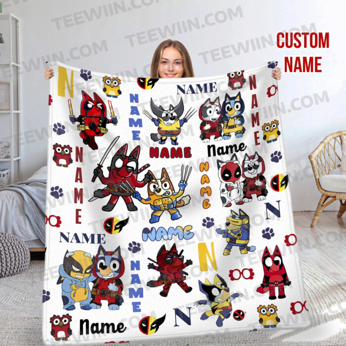 Personalized Bluey Blanket, Red Bluey Deadpool & Wolverine Blanket, Bluey Birthday Blanket, Bluey Family Blanket for Kid - Image 8