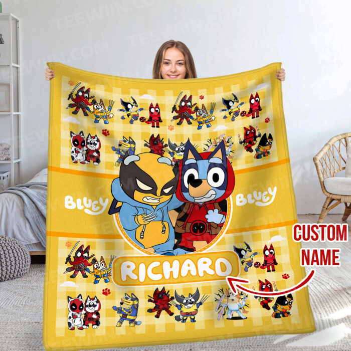 Personalized Bluey Blanket, Red Bluey Deadpool & Wolverine Blanket, Bluey Birthday Blanket, Bluey Family Blanket for Kid - Image 2