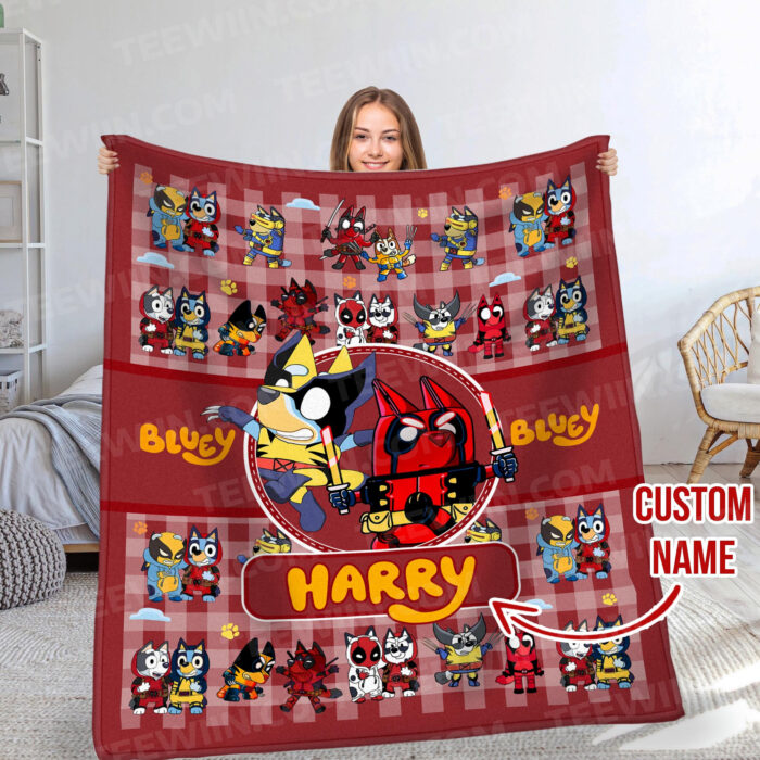 Personalized Bluey Blanket, Red Bluey Deadpool & Wolverine Blanket, Bluey Birthday Blanket, Bluey Family Blanket for Kid - Image 9