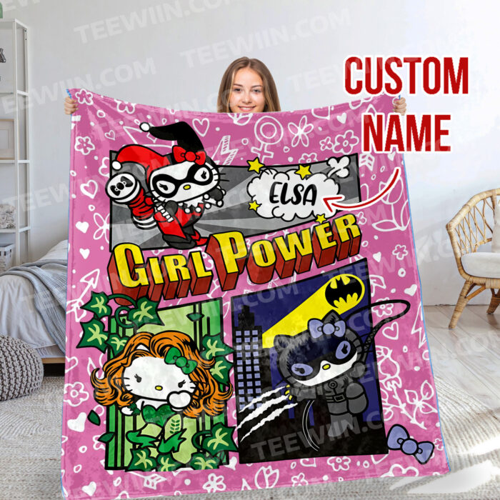 Personalized Hello Kitty Girl Power Blanket, Super Hero Hello Kitty Blanket - Image 2