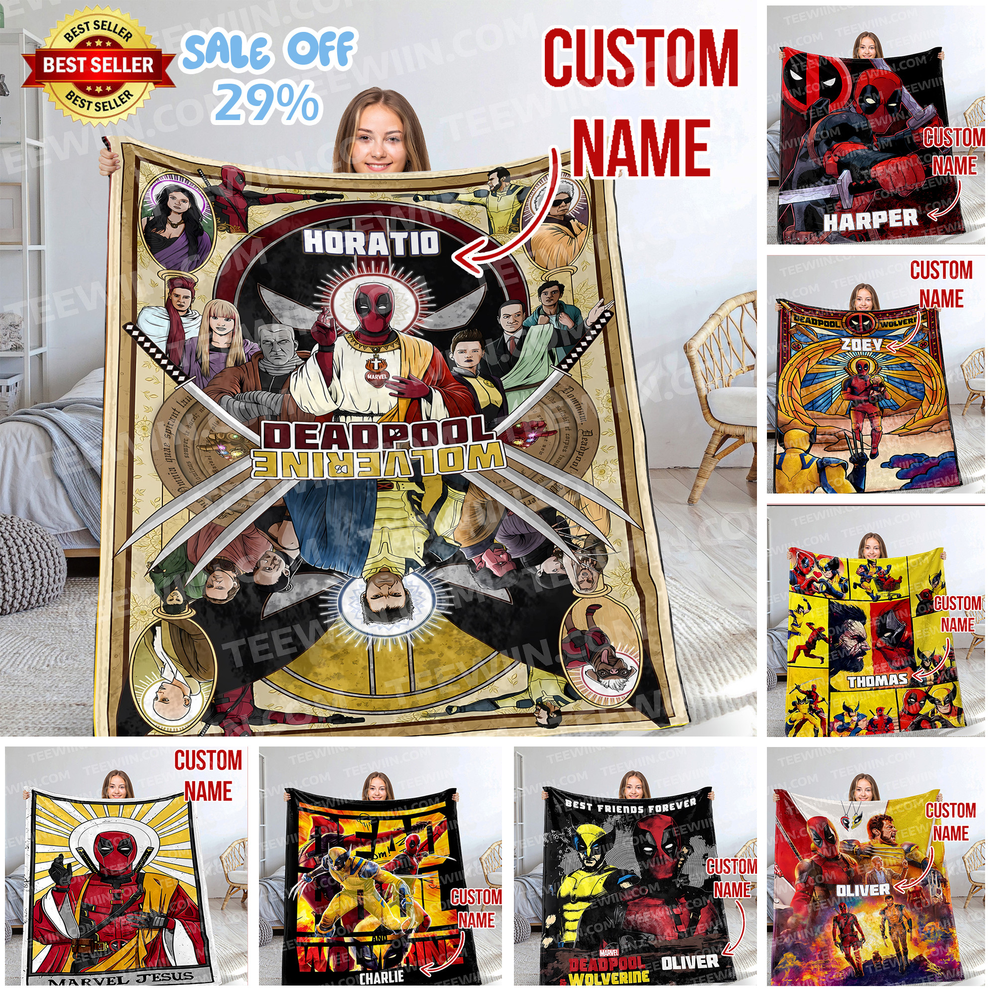 1723621517680.jpg Personalized Name Deadpool and Wolverine Soft Blanket, Mavel Superhero Blanket For Kid - Image 1