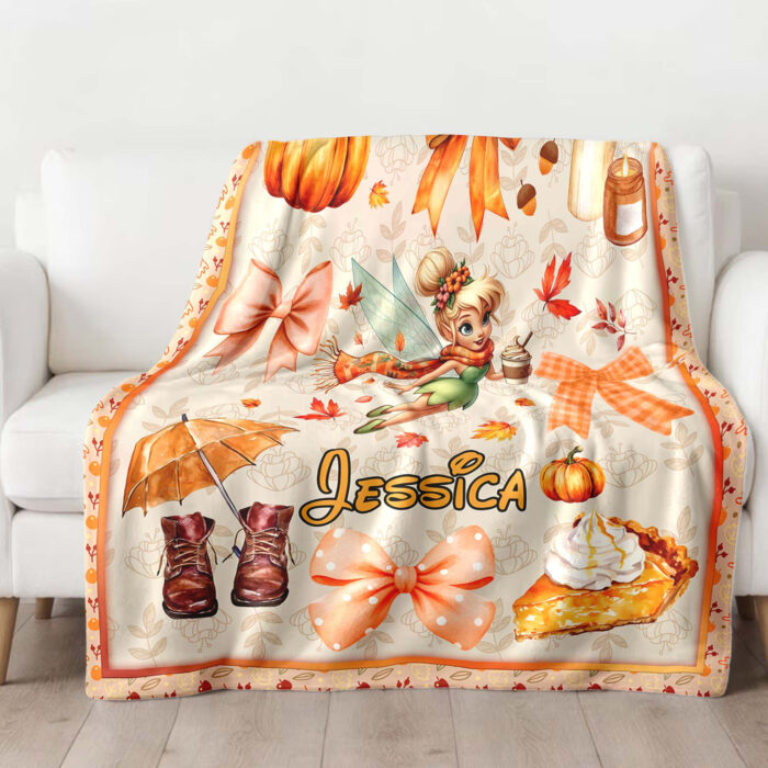 Personalized Name Disney Tinker Bell Halloween Blanket, Custom Name Tinker Bell Coquette Fall Blanket - Image 2