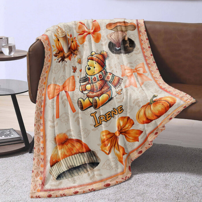 Personalized Name Disney Pooh Halloween Blanket, Custom Name Winnie The Pooh Coquette Fall Blanket - Image 3