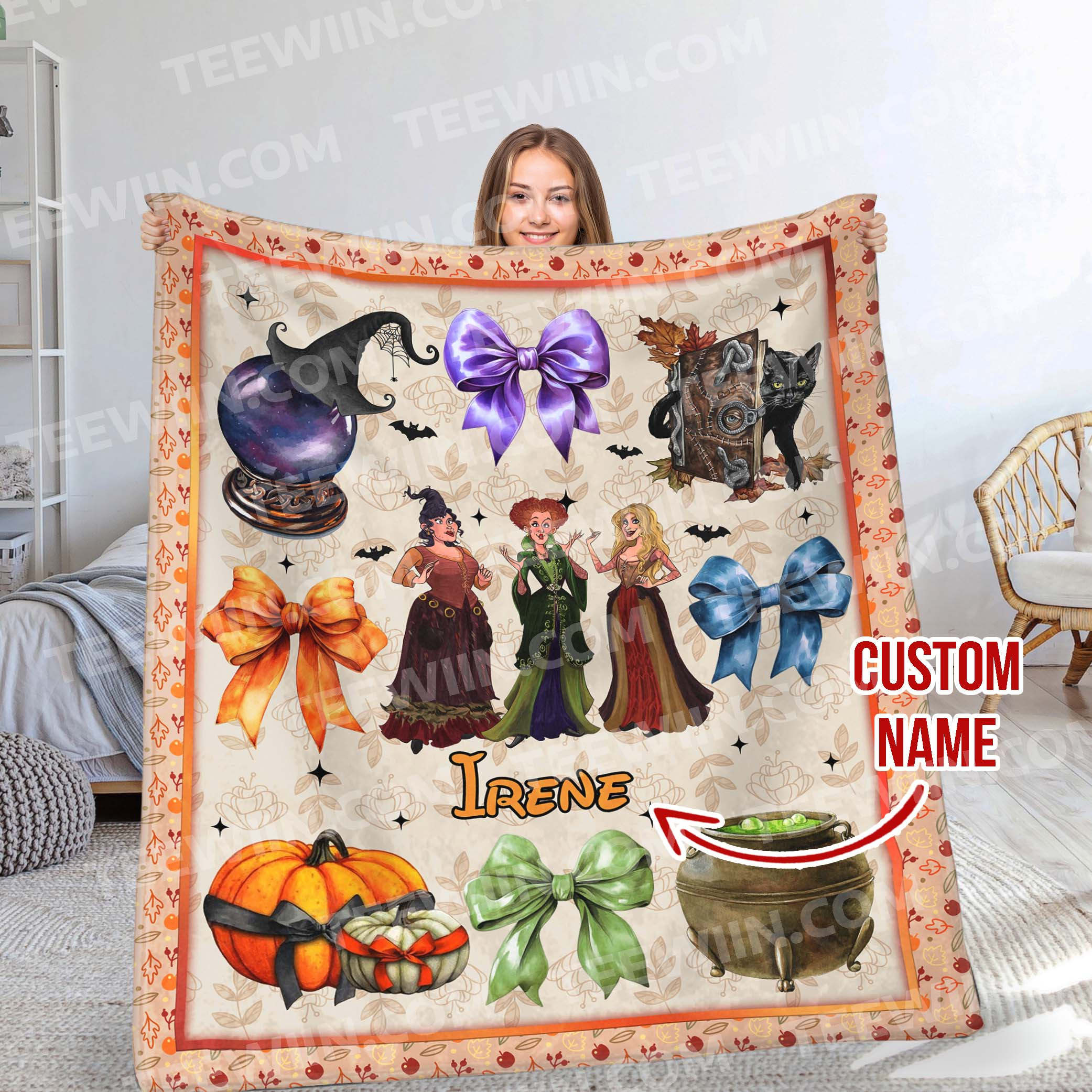 1724400404908.jpg Personalized Name Hocus Pocus Halloween Blanket, Custom Name Coquette Fall Blanket - Image 1