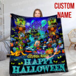 Custom Name Happy Halloween Mickey Blanket, Mickey And Friends Halloween Blanket, Halloween Watching Fleece Blanket