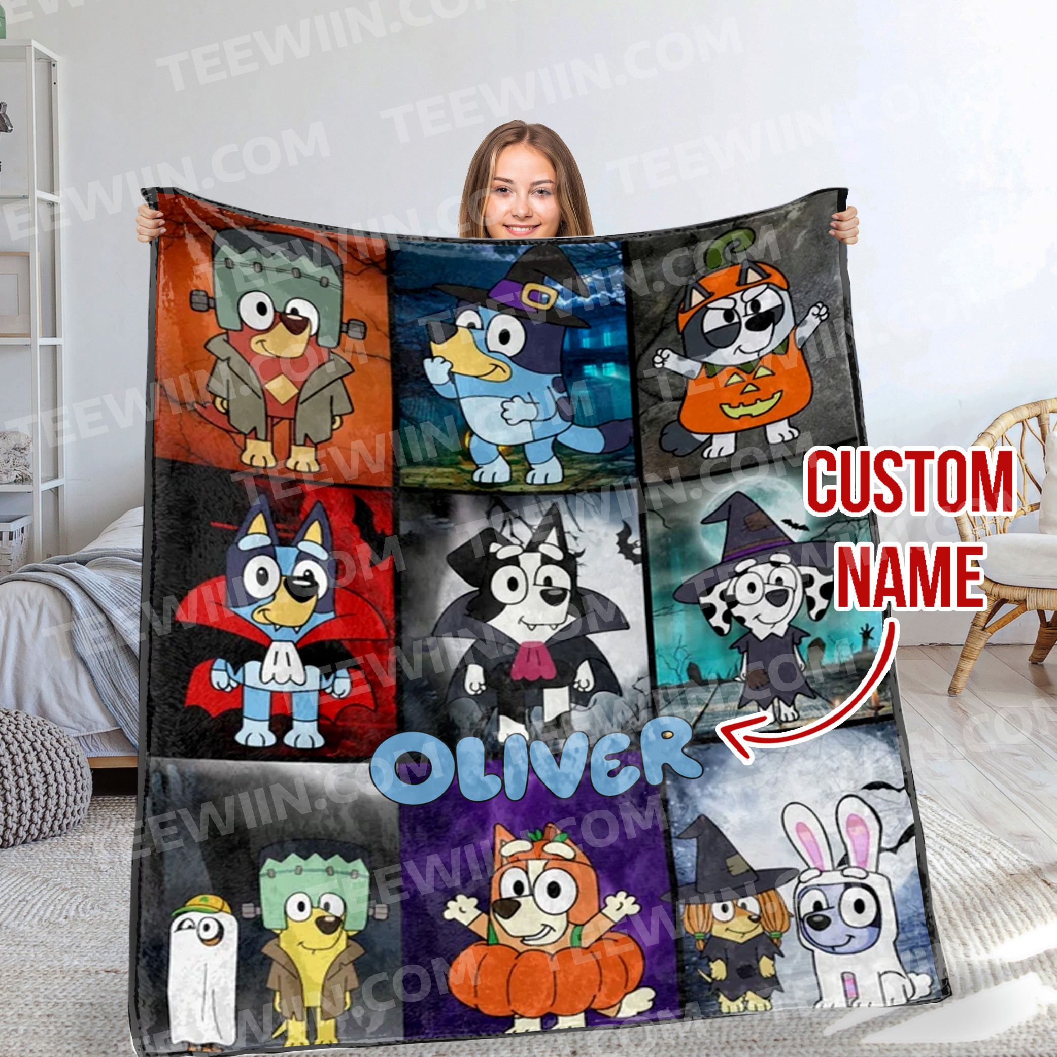 1724657668652.jpg Bluey Halloween Blanket, Bluey And Friends Halloween Minky Blanket, Baby Blanket, Halloween Bluey Blanket Toddler, Blue Dog Cartoon - Image 1