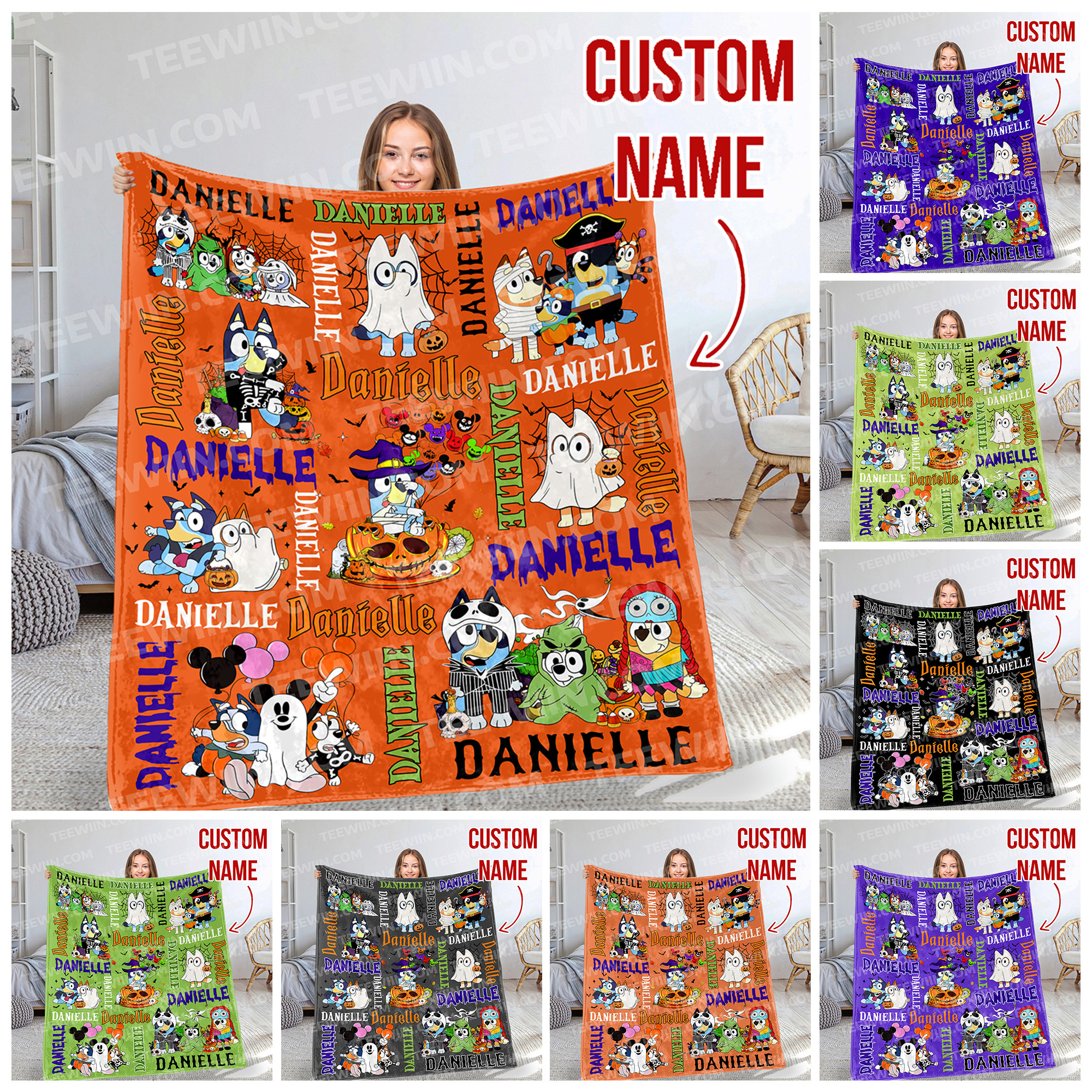 1724905975921.jpg Personalized Bluey Blanket, Bluey Fabric Dog, Bluey and Bingo Halloween Blanket, Bluey Birthday Blanket, Bluey Family Blanket - Image 1