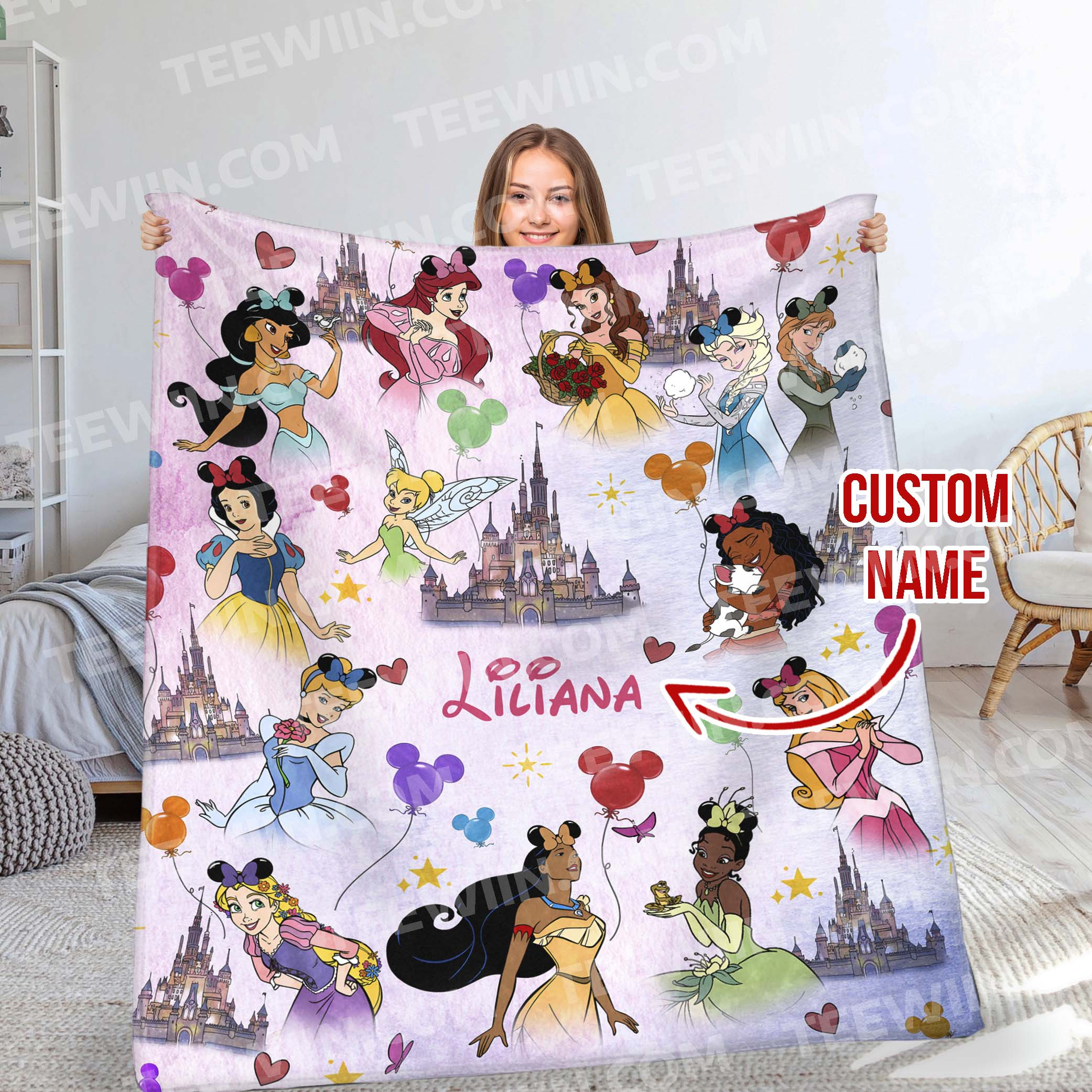 1725440642572.jpg Personalized Princess Blanket, Custom Name Baby Girl Blanket, Princess Birthday Gift, Girl Trip Blanket, Disneyland Princess Blanket - Image 1