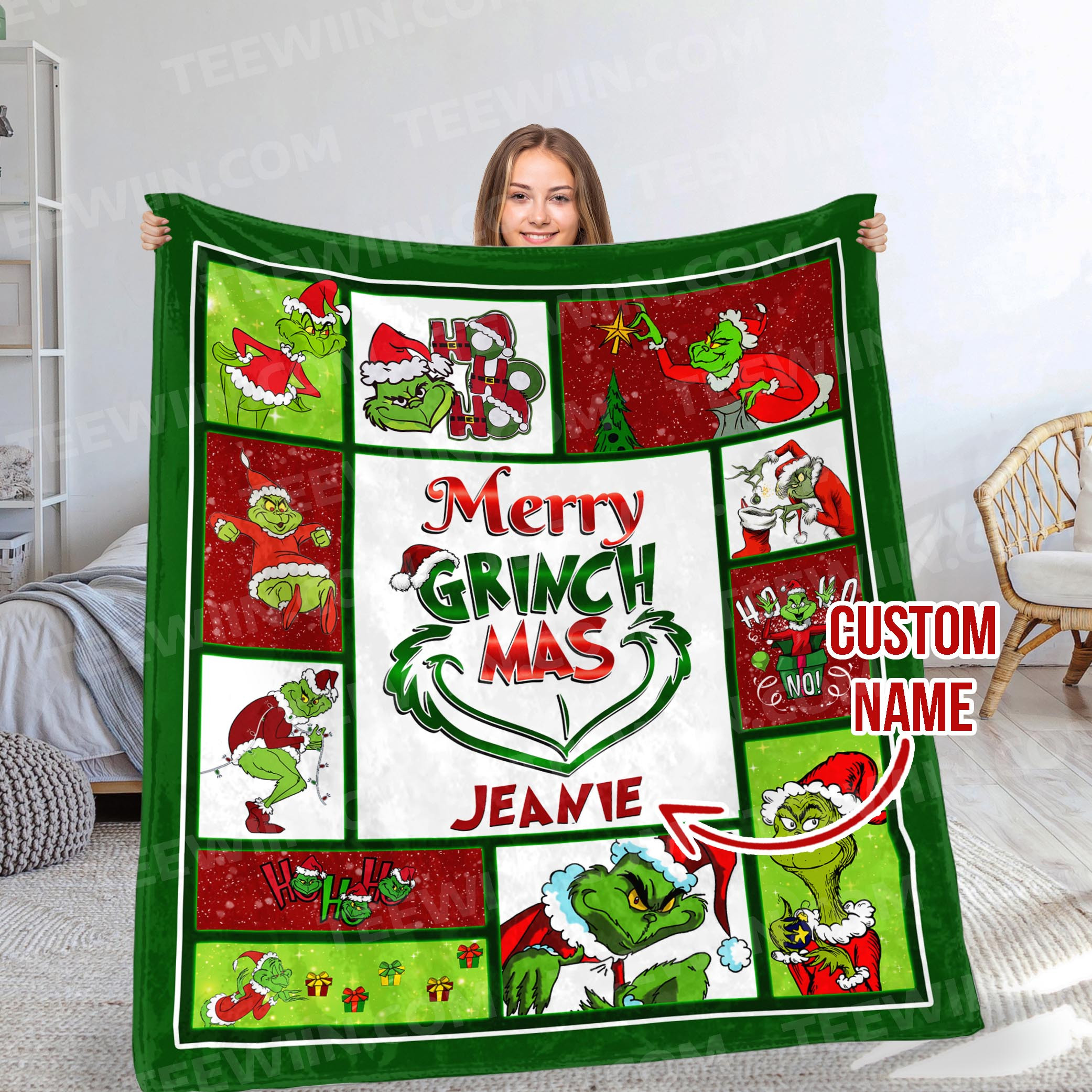 1726022292980.jpg Personalized Merry Grinchmas Blanket, Custom Name The Grinch Christmas Gift Blanket - Image 1