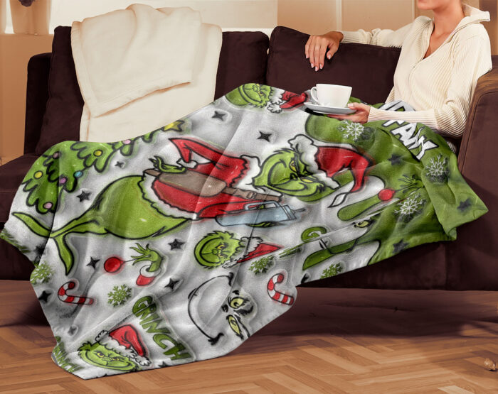 Personalized Merry Grinchmas 2024 Blanket, Custom Name The Grinch Christmas Gift Blanket, Green Snowflakes - Image 3