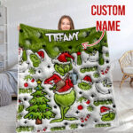Personalized Merry Grinchmas 2024 Blanket, Custom Name The Grinch Christmas Gift Blanket, Green Snowflakes