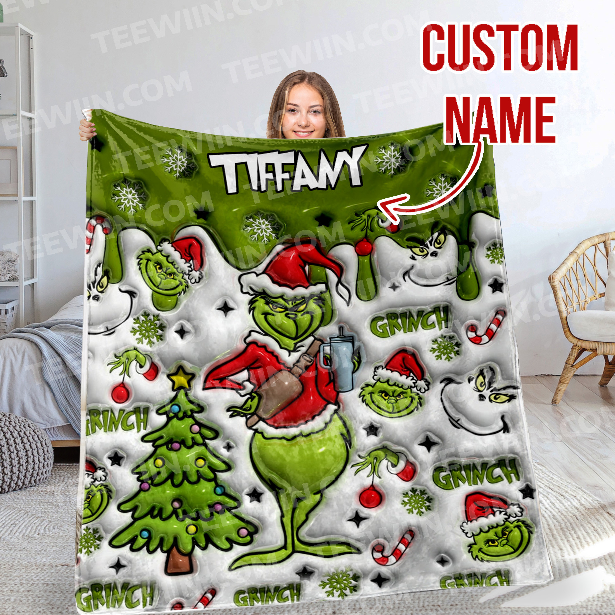 1726028452533.jpg Personalized Merry Grinchmas 2024 Blanket, Custom Name The Grinch Christmas Gift Blanket, Green Snowflakes - Image 1