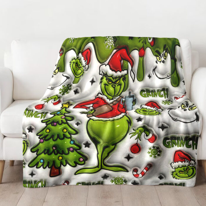 Personalized Merry Grinchmas 2024 Blanket, Custom Name The Grinch Christmas Gift Blanket, Green Snowflakes - Image 2