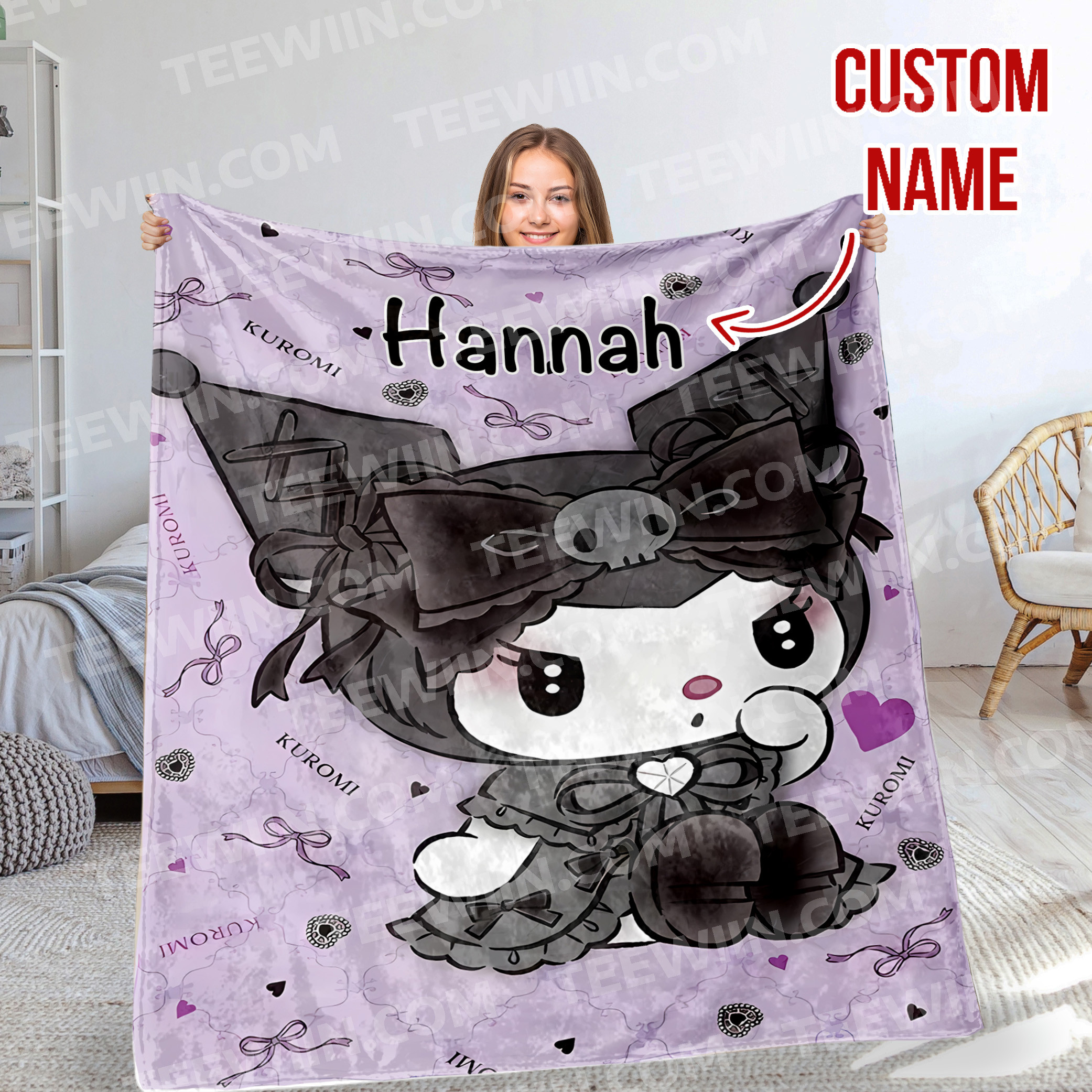 1726125010363.jpg Personalized Kuromi Cartoon Print Flannel Throw Blanket, Halloween Blanket, Home Decor - Image 1