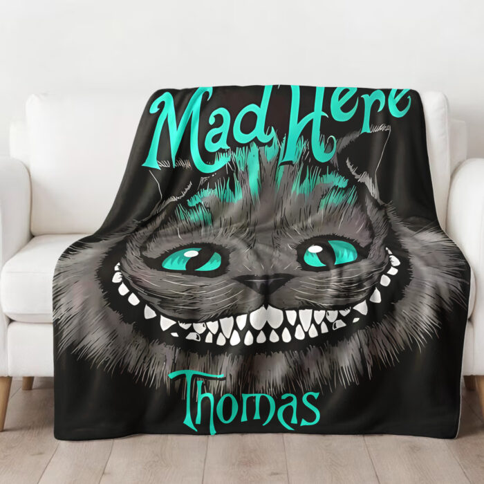 Personalized We're All Mad Here Cheshire Cat Blanket, Alice's Adventures in Wonderland, Halloween Blanket, Home Decor - Image 2