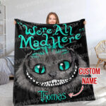 Personalized We're All Mad Here Cheshire Cat Blanket, Alice's Adventures in Wonderland, Halloween Blanket, Home Decor