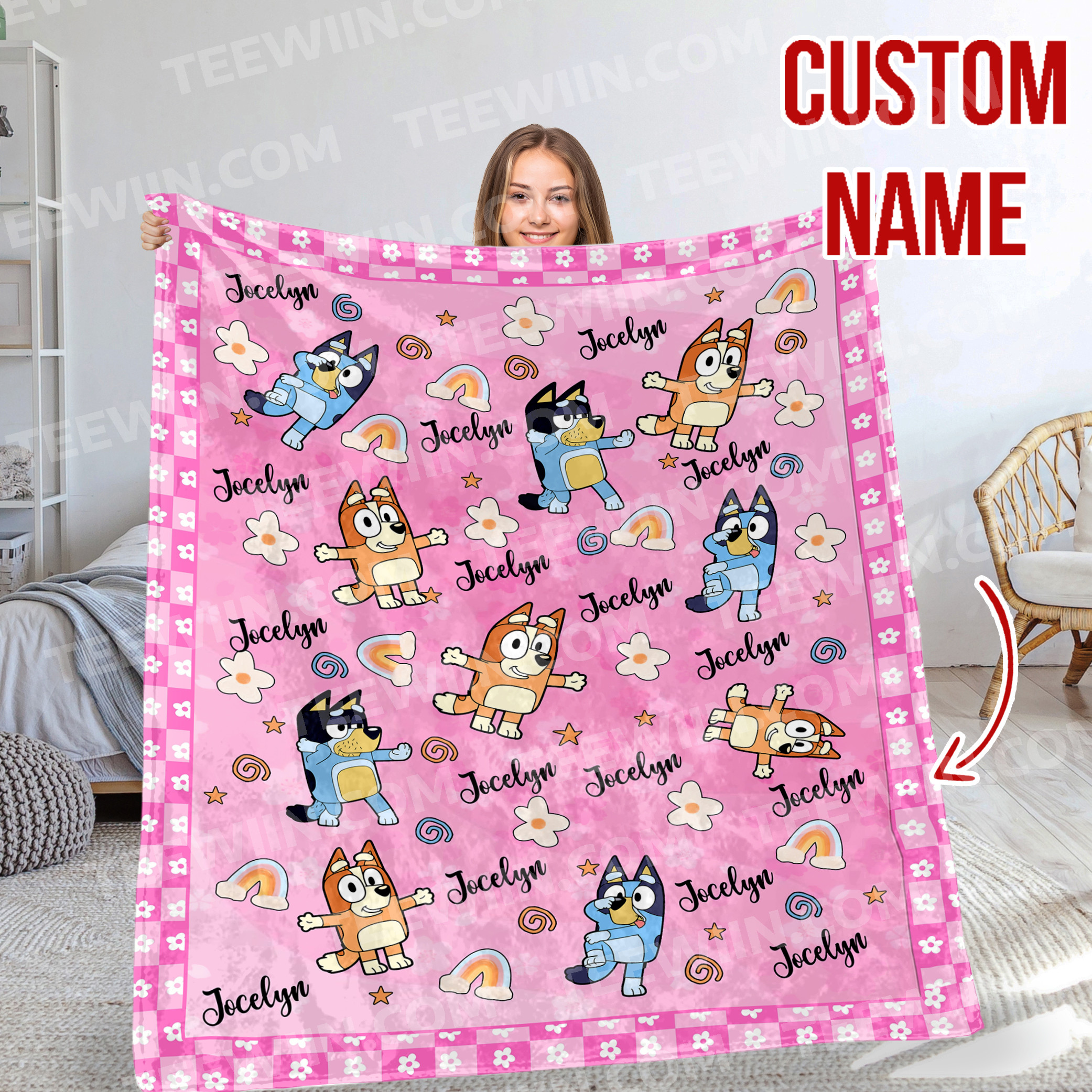 1726211865774.jpg Personalized Bluey Dog Blanket, Pink Rainbow Bluey Blanket, Personalized Blanket for Toddlers, Bluey Gifts for Kids - Image 1