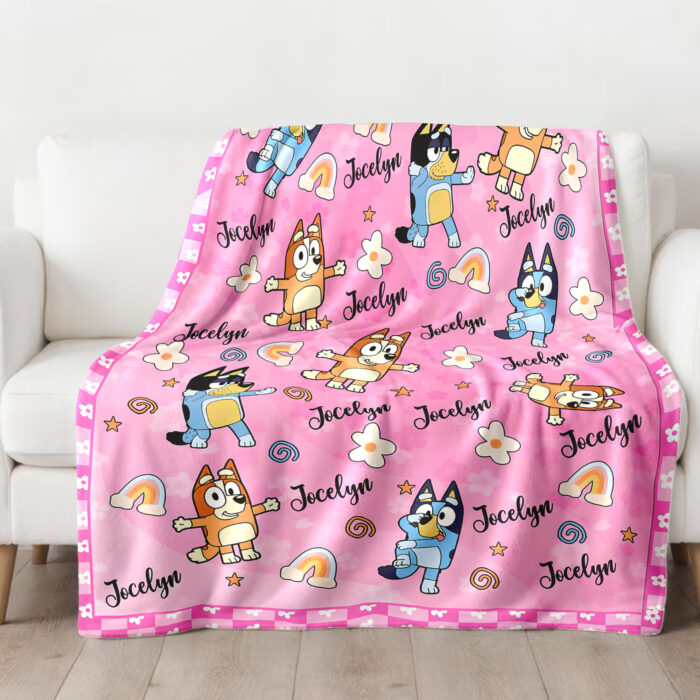 Personalized Bluey Dog Blanket, Pink Rainbow Bluey Blanket, Personalized Blanket for Toddlers, Bluey Gifts for Kids - Image 2