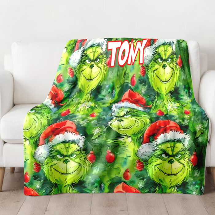 Personalized Smiling Grinch Monster Flannel Throw Blanket, Christmas Blanket, Personalized Grinch Blanket for Toddlers, Gifts for Kids - Image 2