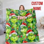 Personalized Smiling Grinch Monster Flannel Throw Blanket, Christmas Blanket, Personalized Grinch Blanket for Toddlers, Gifts for Kids