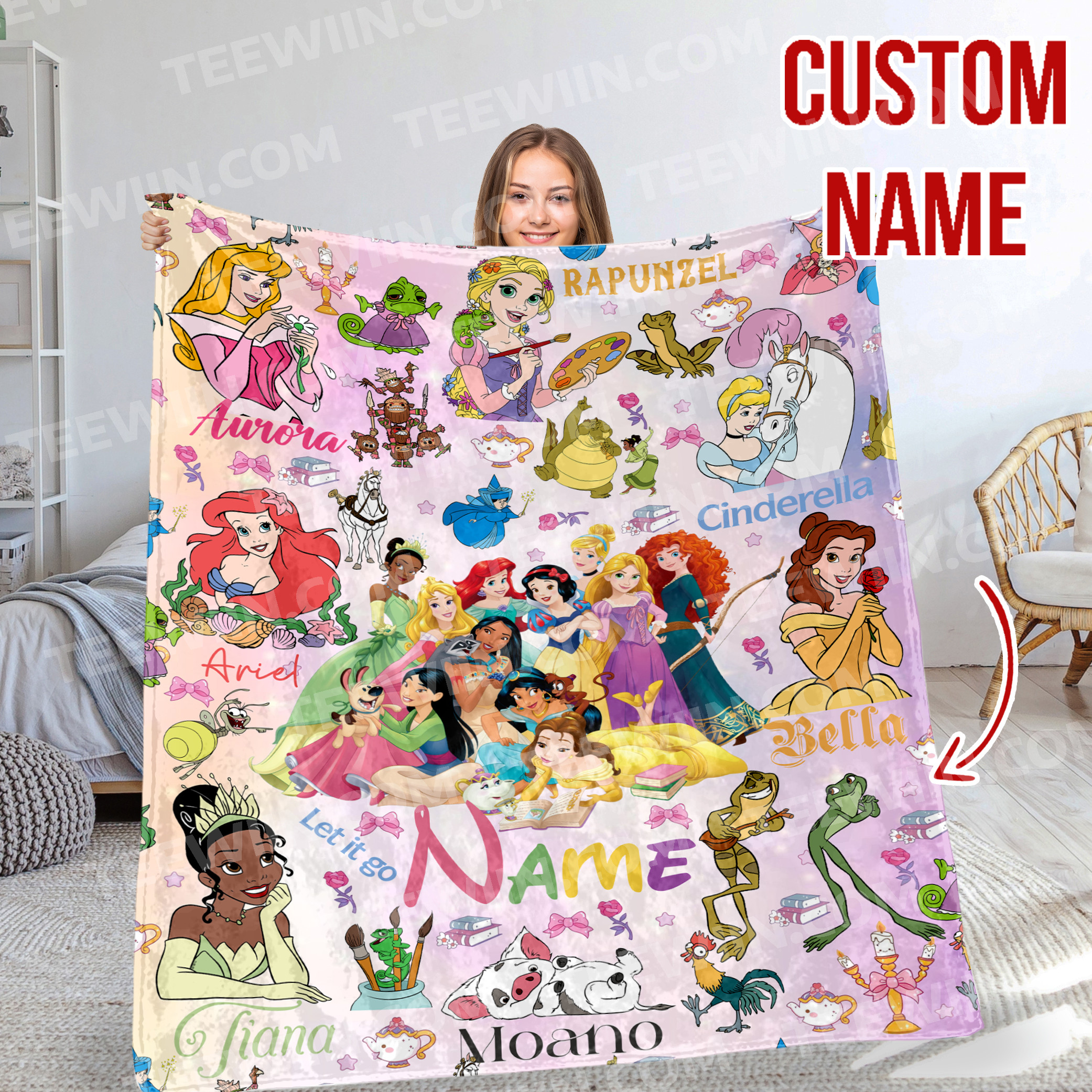1726474296174.jpg Personalized Watercolor Disney Princess Blanket, Custom Name Baby Girl Blanket, Disney Princess Birthday Girl, WDW Disneyland Girl Trip Gift - Image 1