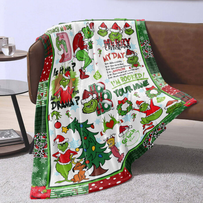 Personalized Christmas Grinch Throw Blanket Flannel Fleece Bedding Blankets All Season Ultra Soft for Bed Couch Chair Fit Kids and Adults - Image 3