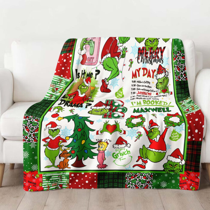 Personalized Christmas Grinch Throw Blanket Flannel Fleece Bedding Blankets All Season Ultra Soft for Bed Couch Chair Fit Kids and Adults - Image 2