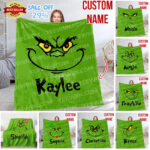 Personalized The Grinch Christmas Blanket, Custom Name Grinch Blanket