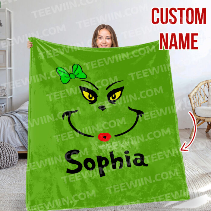 Personalized The Grinch Christmas Blanket, Custom Name Grinch Blanket - Image 8