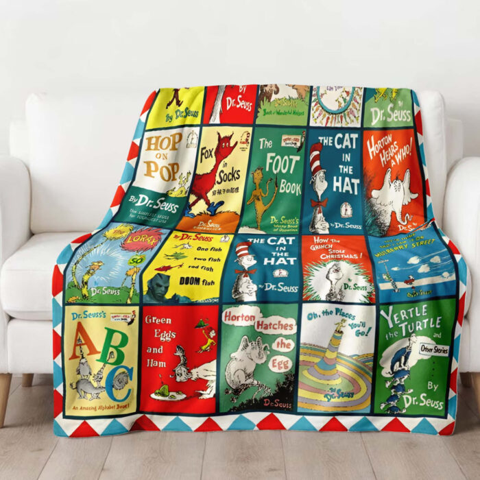 Personalized Christmas Dr. Se uss Fleece Blanket, Cat In Hat, Grinch Blanket, Dr. Seus Retro Vintage Comic Books Cute Fleece - Image 2