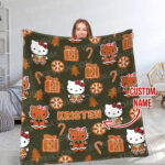 Personalized Hello Kitty Christmas Quilt Blankets, Kitty Christmas Blanket, Kitty Gingerbread Blanket