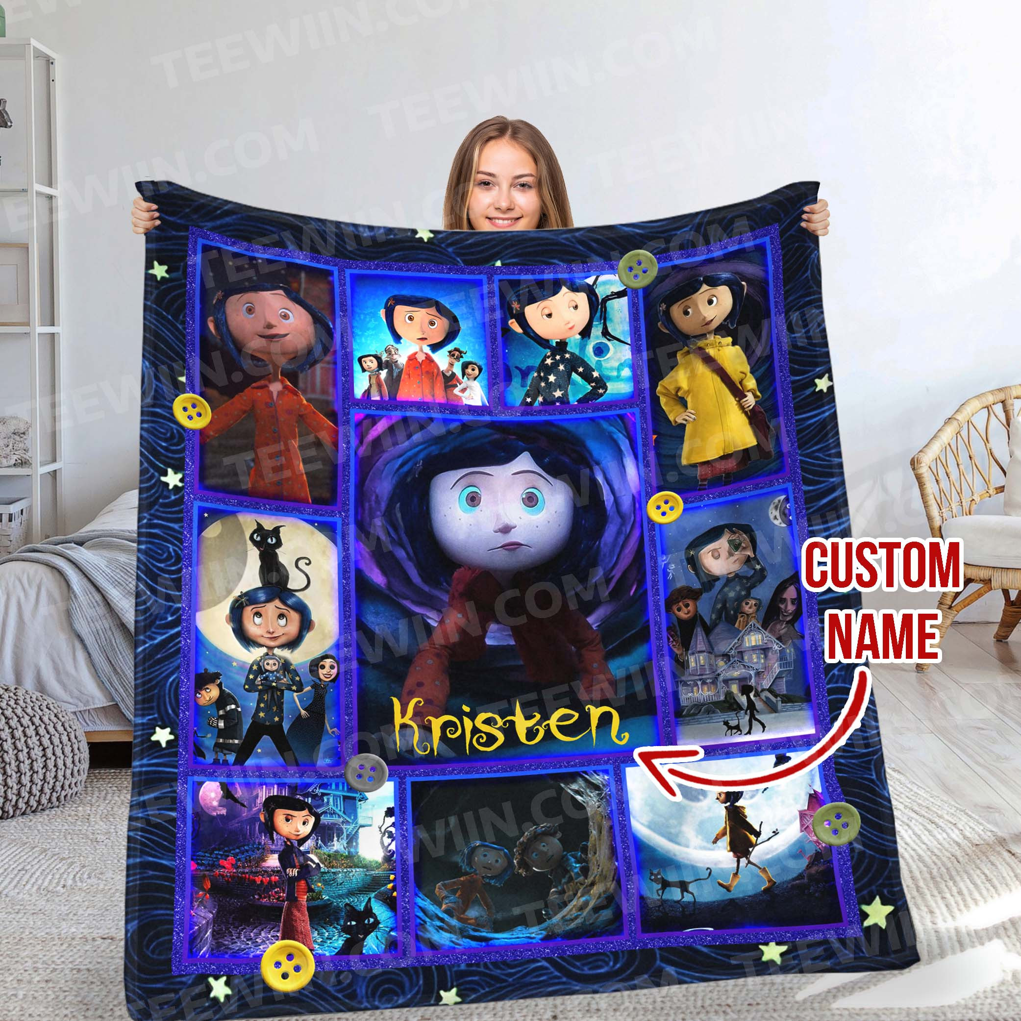 1726817519938.jpg Personalized Coraline Quilt Blanket, Personalized Coraline Throw Blanket, Coraline Blanket, Halloween Blanket, Coraline Blanket Gift For Baby - Image 1