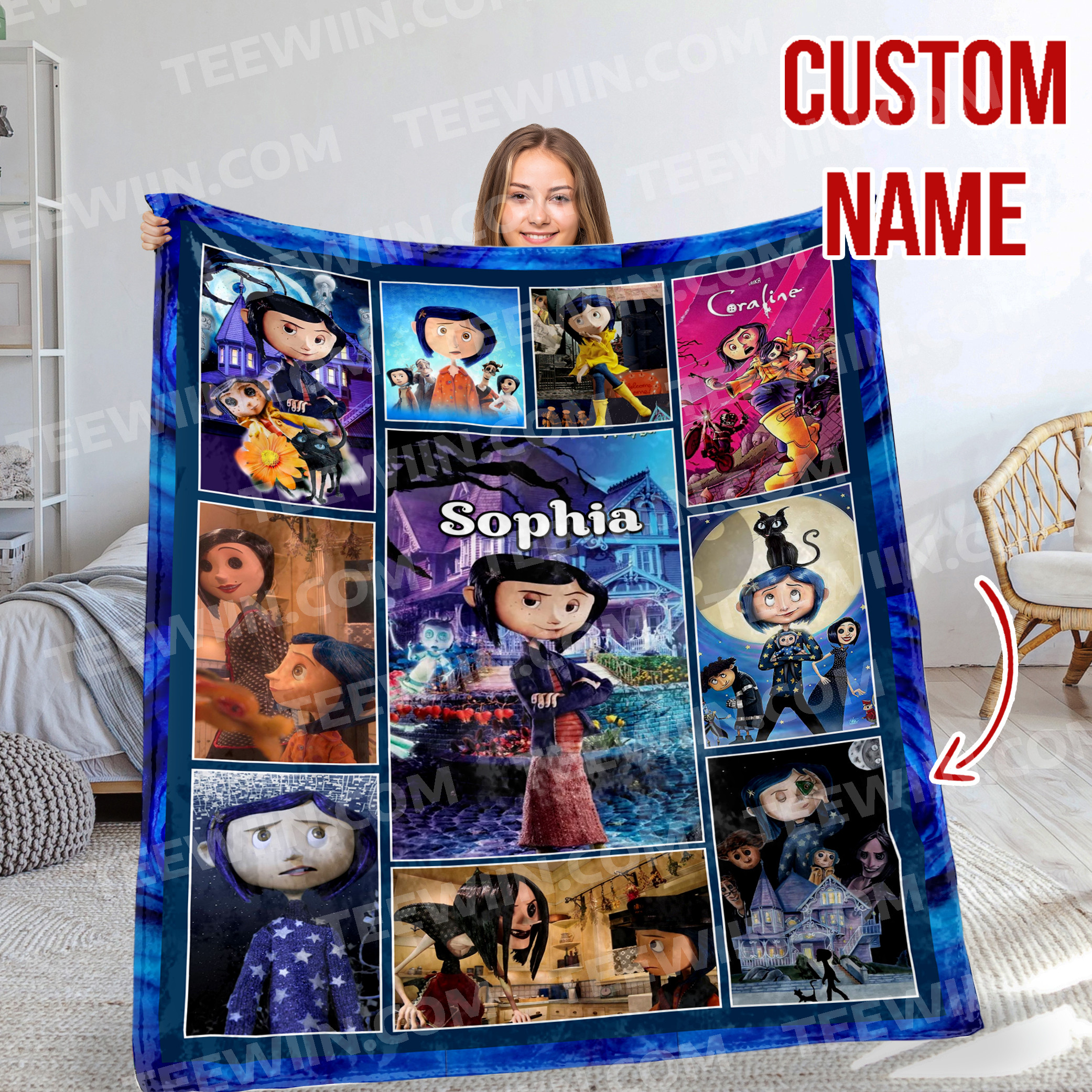 1726817804992.jpg Personalized Coraline Throw Blanket, Custom Coraline Quilt Blanket, Coraline Blanket, Halloween Blanket, Coraline Blanket Gift For Baby - Image 1