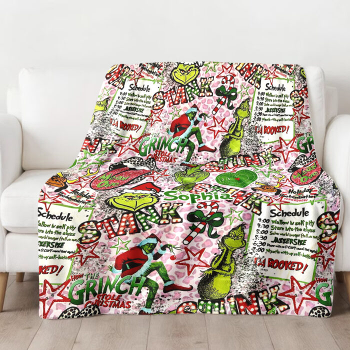 Personalized Christmas Grinch Throw Blanket, Grinch Stink STANK Stunk Blankets, The Grinch Ultra Soft for Bed - Image 2