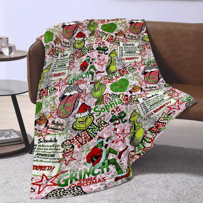 Personalized Christmas Grinch Throw Blanket, Grinch Stink STANK Stunk Blankets, The Grinch Ultra Soft for Bed - Image 3