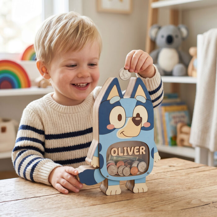 Personalized Bluey Piggy Bank for Kids - Custom Wooden Coin Bank with Clear Window - Personalized Birthday Gift - Image 4