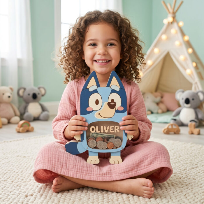 Personalized Bluey Piggy Bank for Kids - Custom Wooden Coin Bank with Clear Window - Personalized Birthday Gift - Image 6