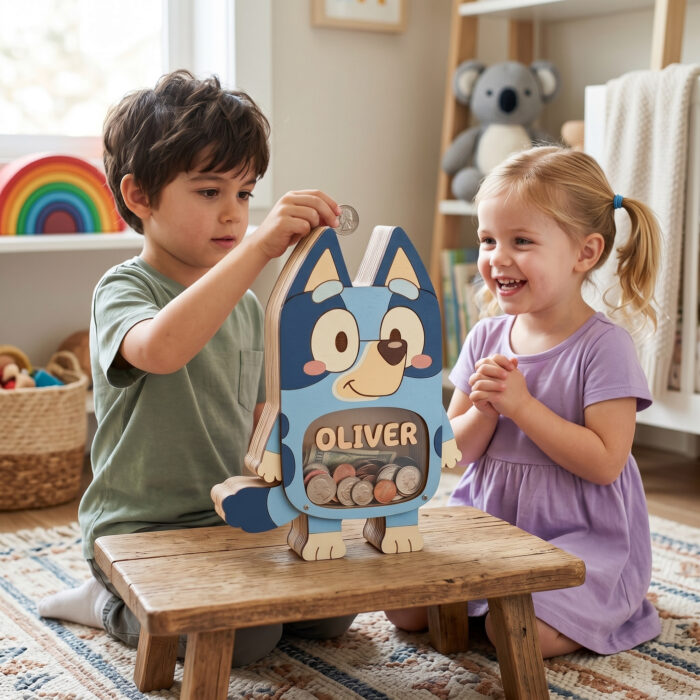 Personalized Bluey Piggy Bank for Kids - Custom Wooden Coin Bank with Clear Window - Personalized Birthday Gift - Image 2