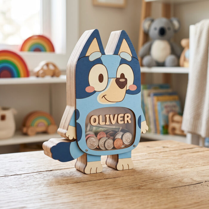 Personalized Bluey Piggy Bank for Kids - Custom Wooden Coin Bank with Clear Window - Personalized Birthday Gift - Image 7
