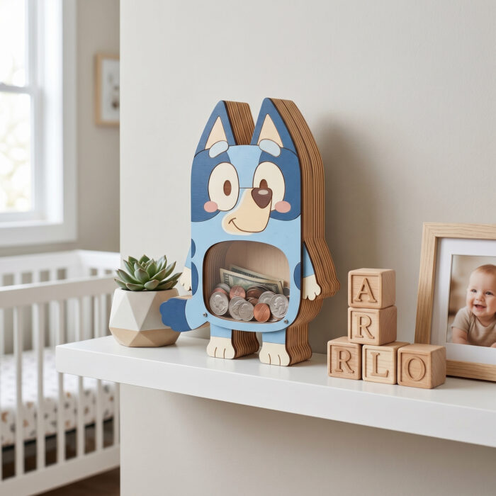 Personalized Bluey Piggy Bank for Kids - Custom Wooden Coin Bank with Clear Window - Personalized Birthday Gift - Image 8
