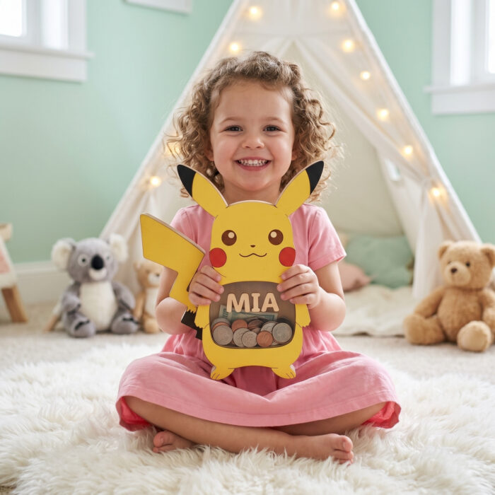 Personalized Pikachu Piggy Bank for Kids - Custom Wooden Coin Bank with Clear Window - Personalized Birthday Gift - Image 3